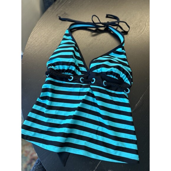 Island Escape NWT Women's Tankini Top, Black And Turquoise Stripes, Size 12 - Picture 1 of 8